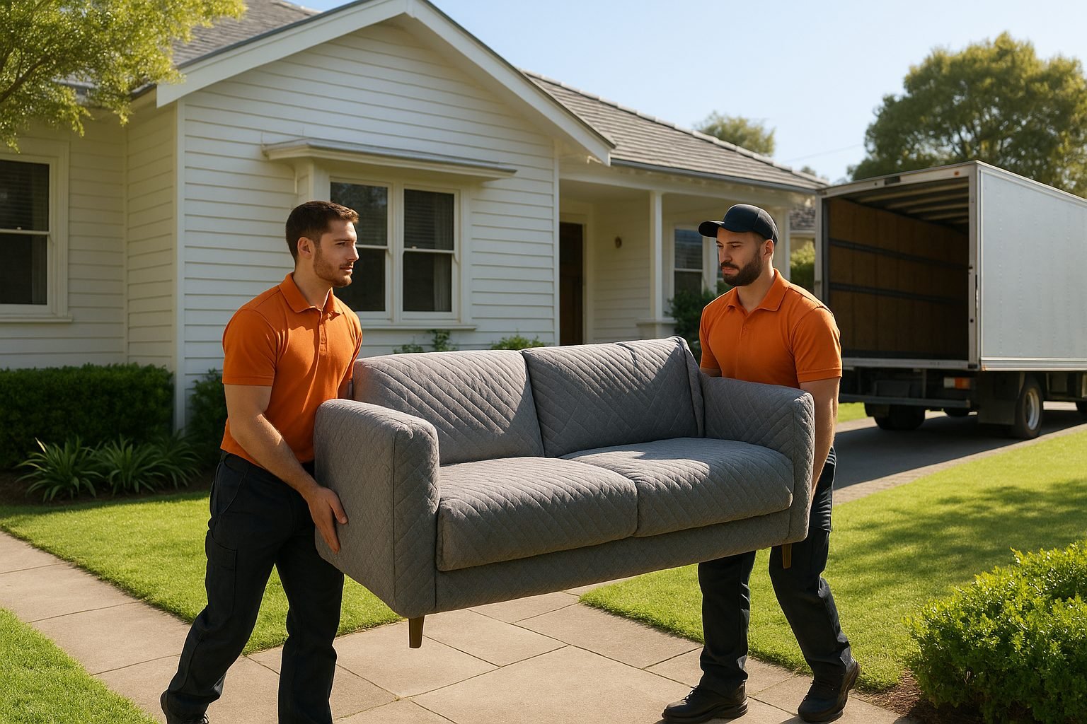 Movers carrying a wrapped sofa to a truck