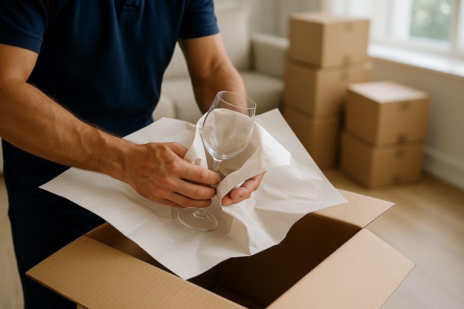 Mover carefully wrapping a glass in packing paper over a moving box
