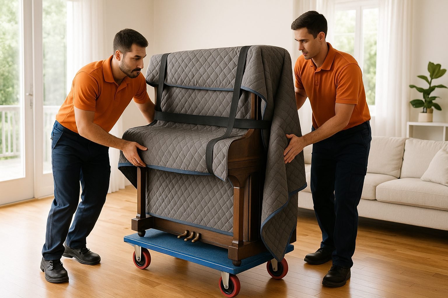 Movers guiding an upright piano on a piano trolley through a home