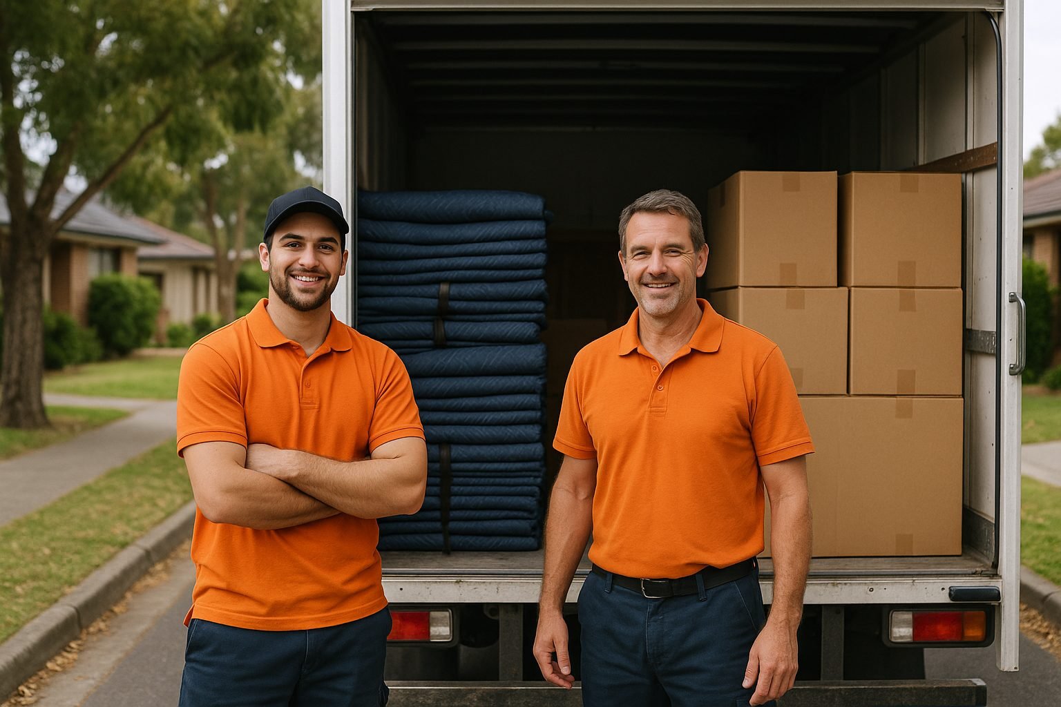 Sam's Removals crew beside a loaded moving truck