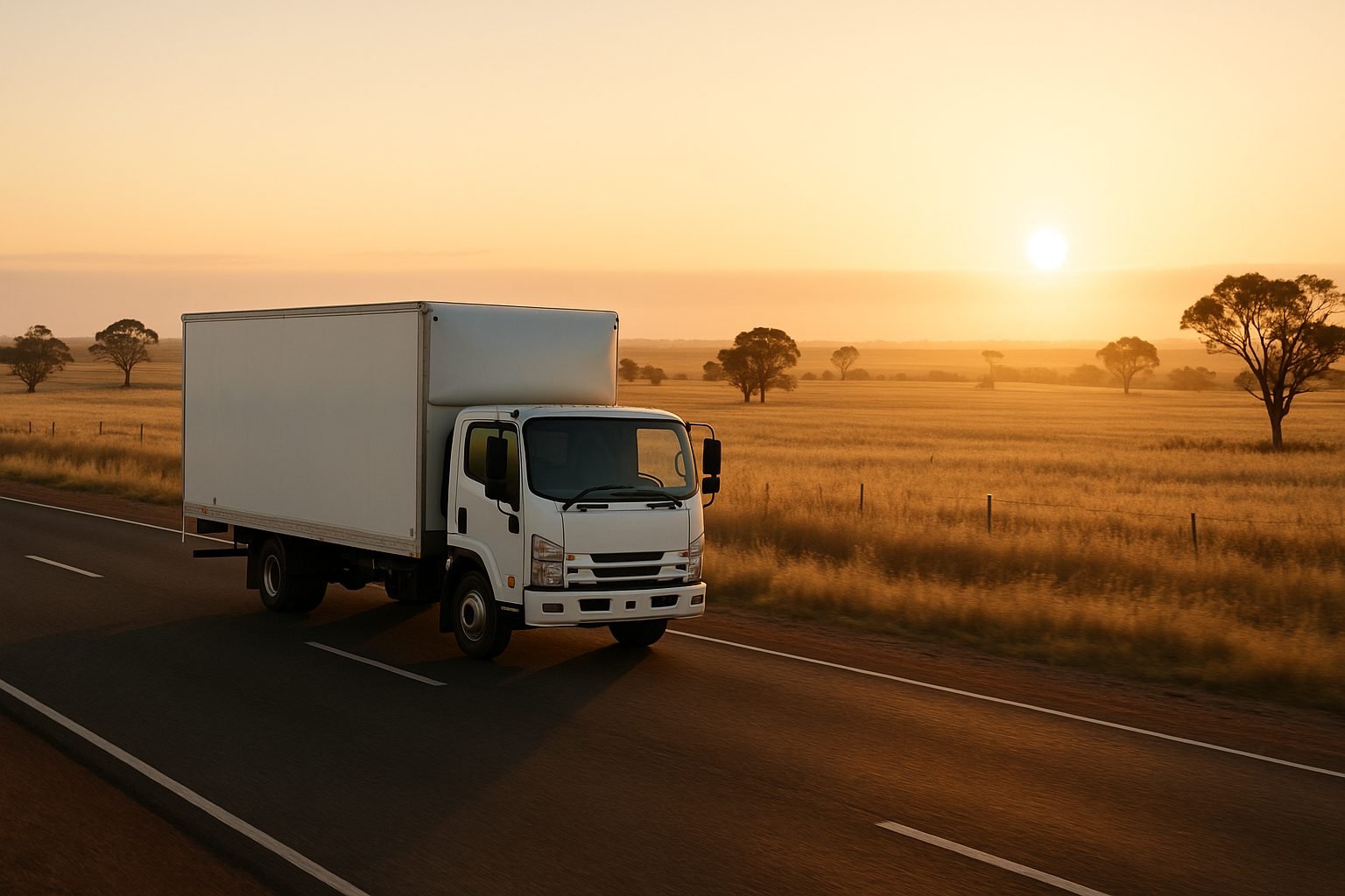 Moving truck on an Australian highway at sunrise